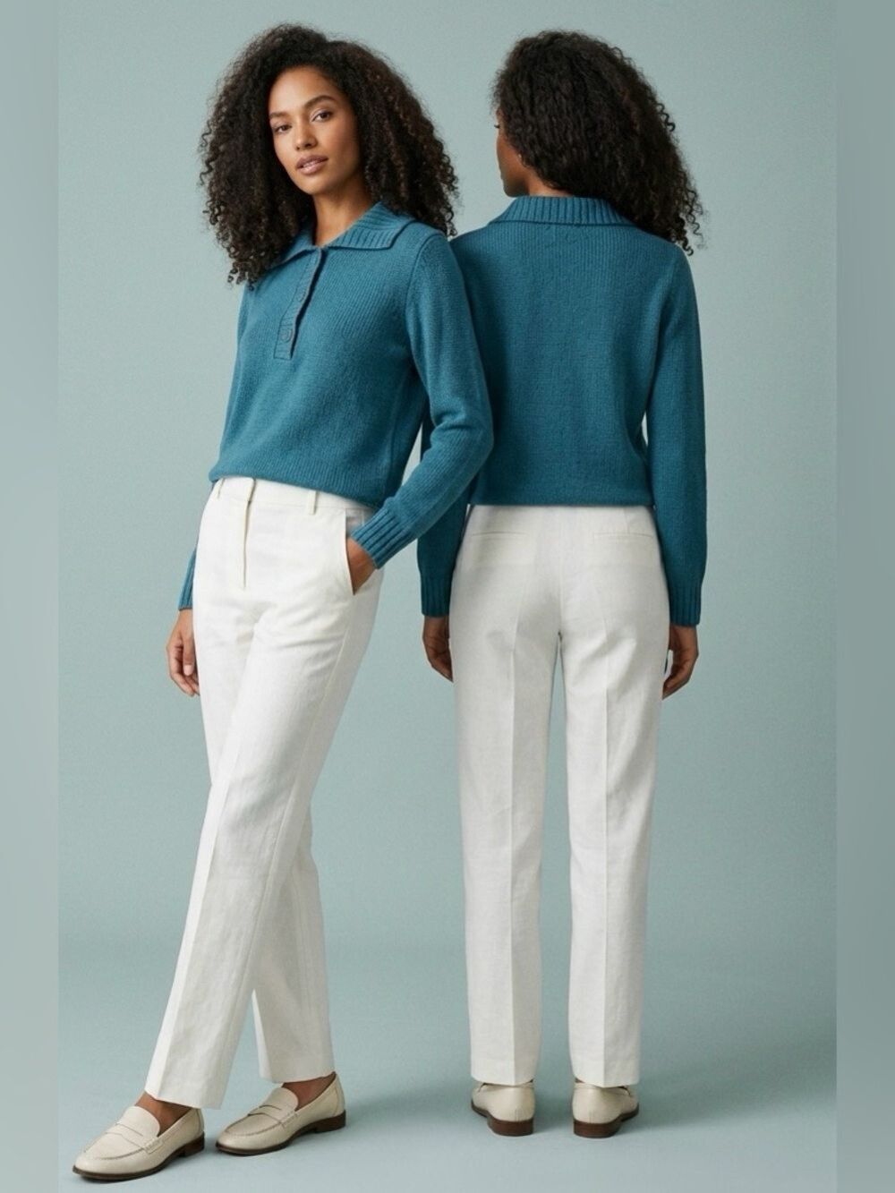 Chico’s Teal Blue Button-Collar Shaker Stitch Sweater - 100% Cotton - Size 1